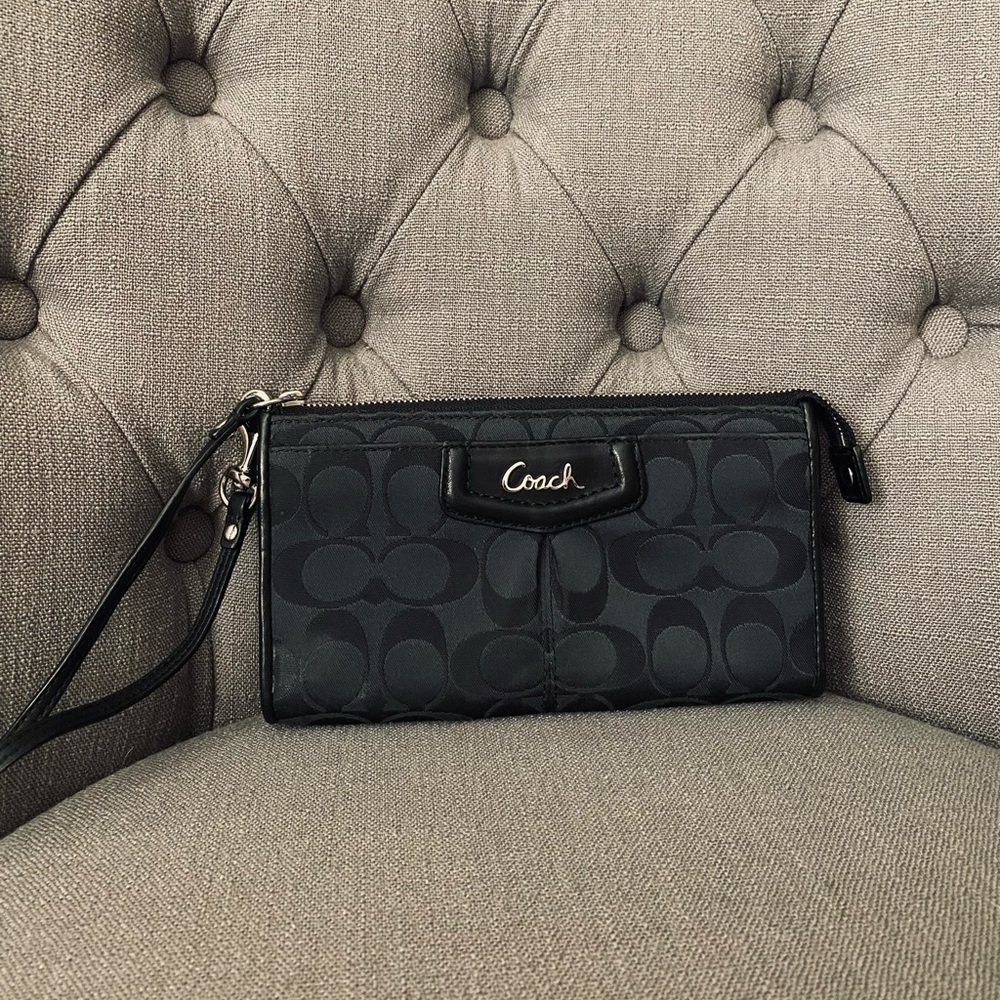 Coach black monogram canvas wallet wristlet